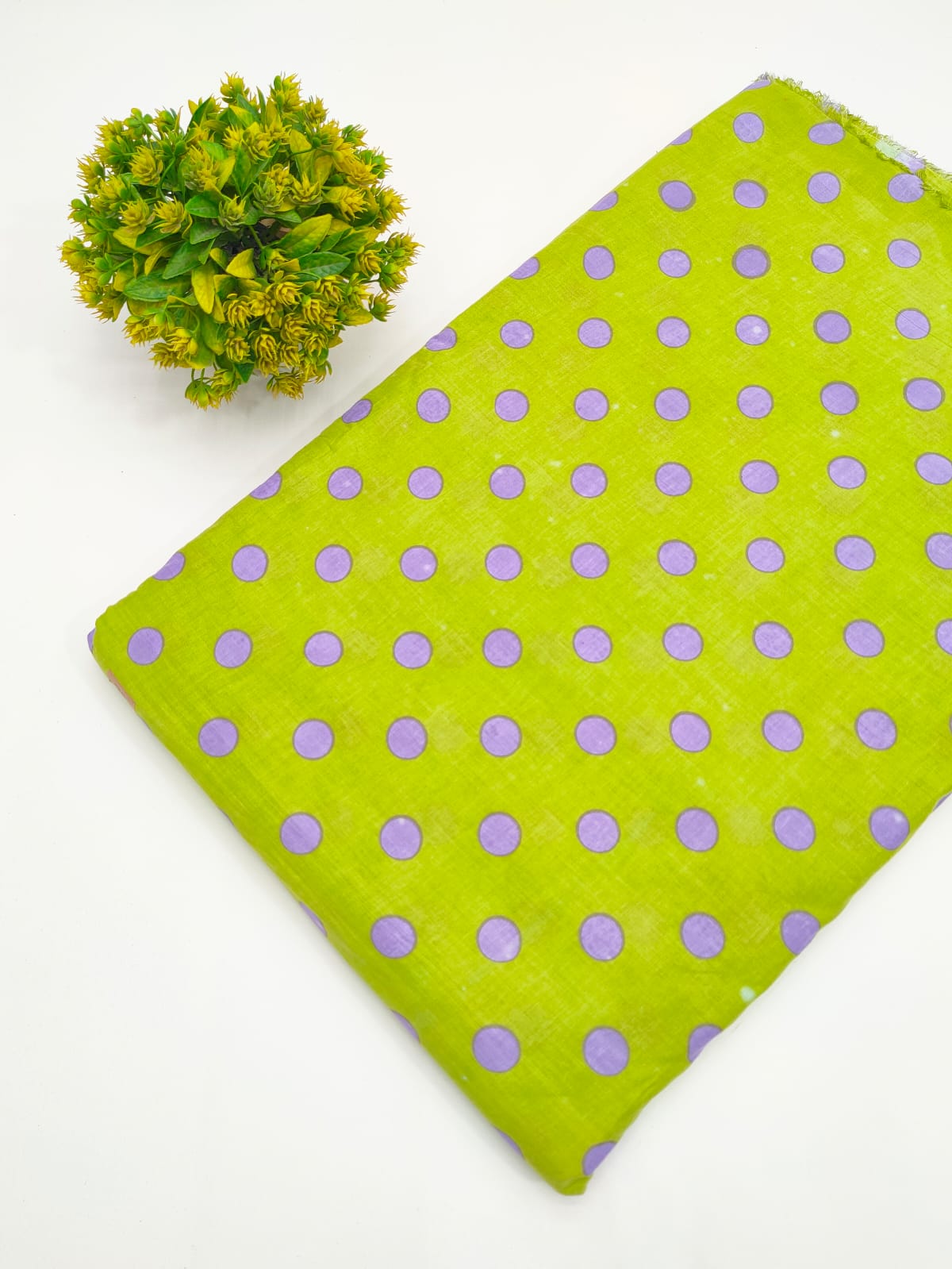 Lime green and purple polka dot screen print pure cotton fabric India