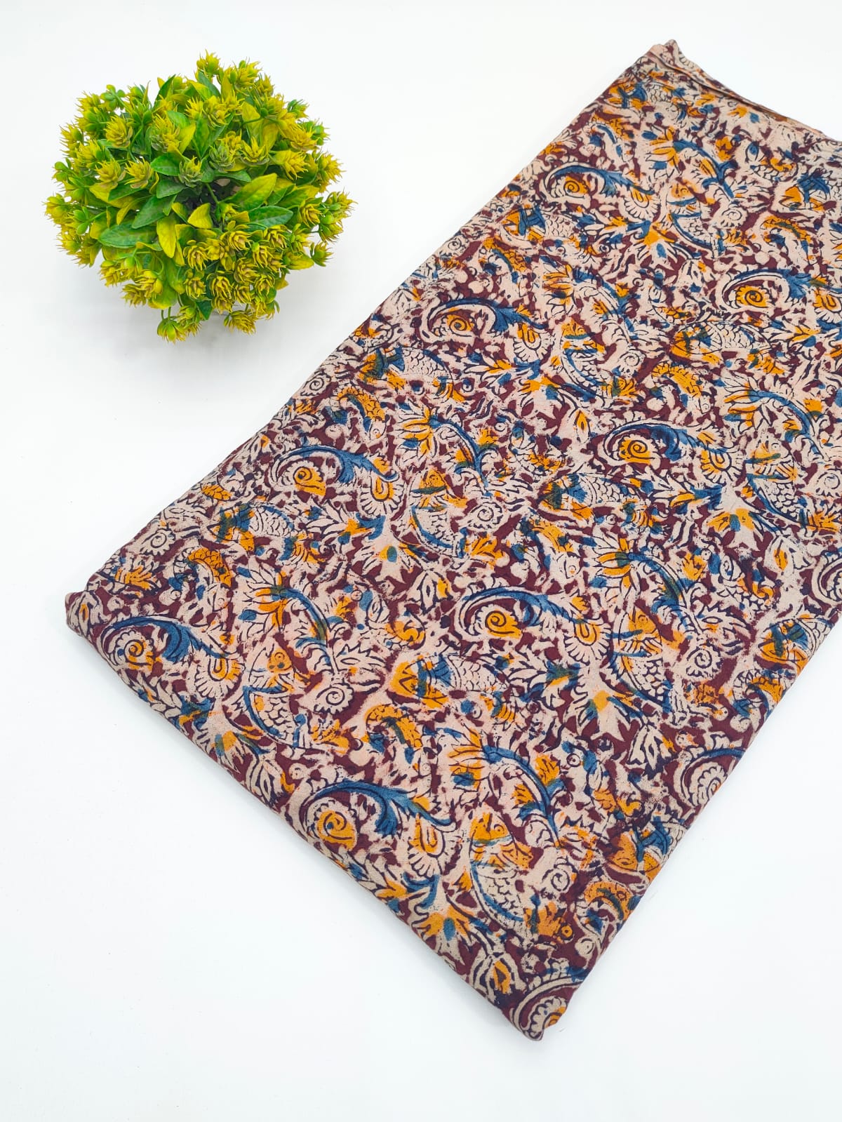 Maroon and mustard Matsya fish paisley jaal Sanganeri hand block print pure cotton fabric India