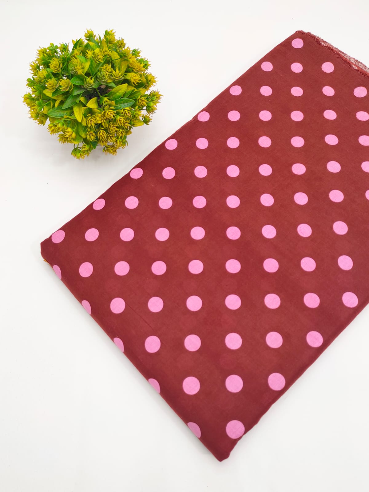 Maroon and pink polka dot screen print pure cotton fabric India