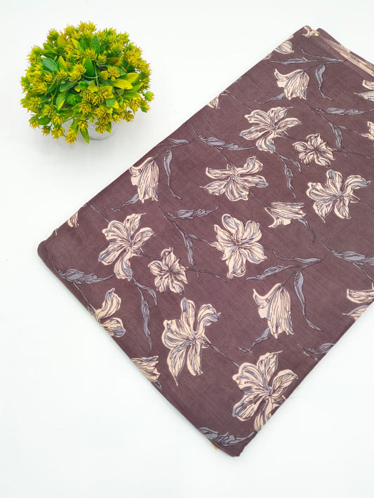 Mauve Brown Botanical Floral Screen Print Pure Cotton Fabric - JBRGFD81