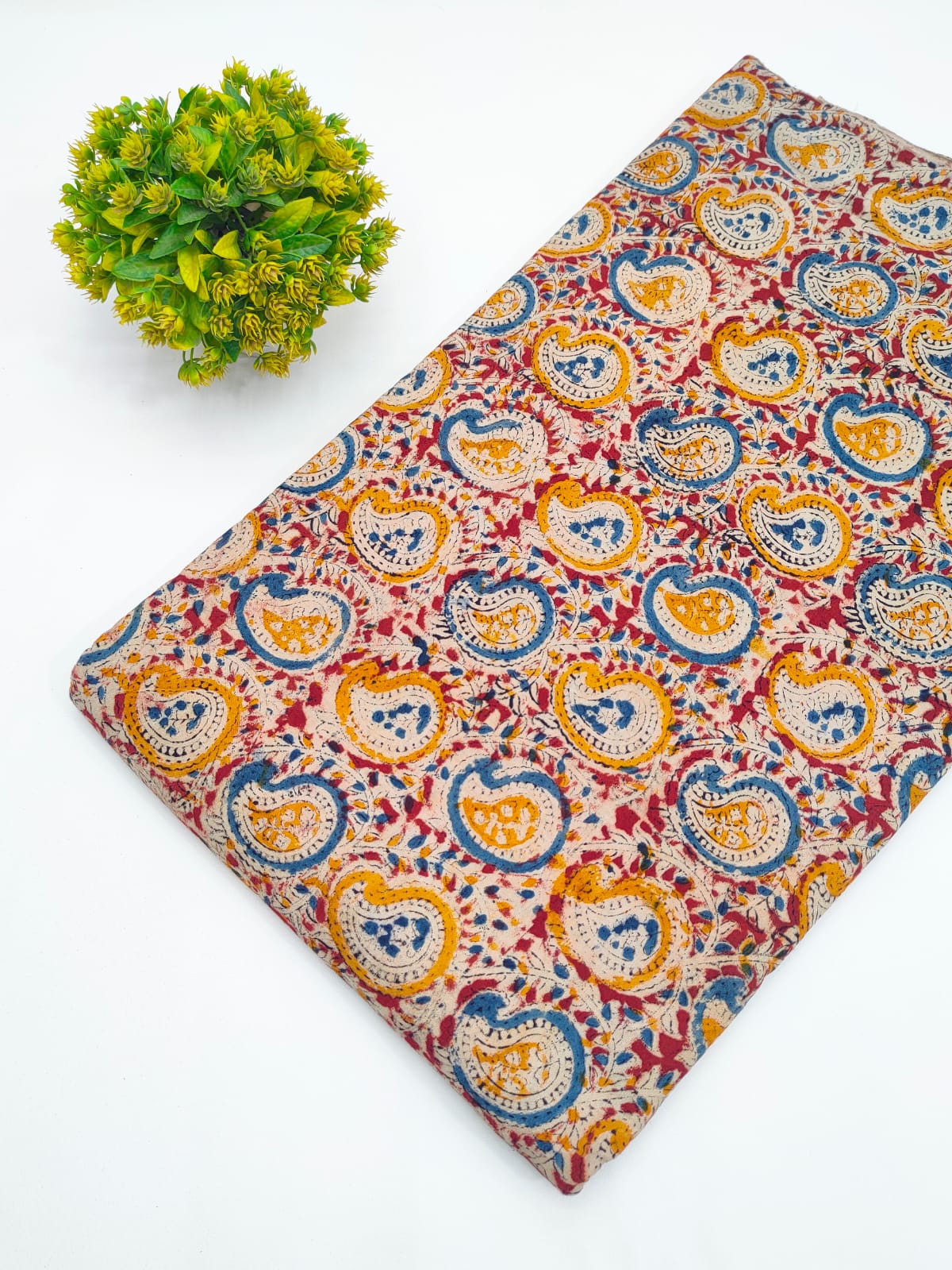 Mustard and indigo kalka paisley Sanganeri hand block print pure cotton fabric India