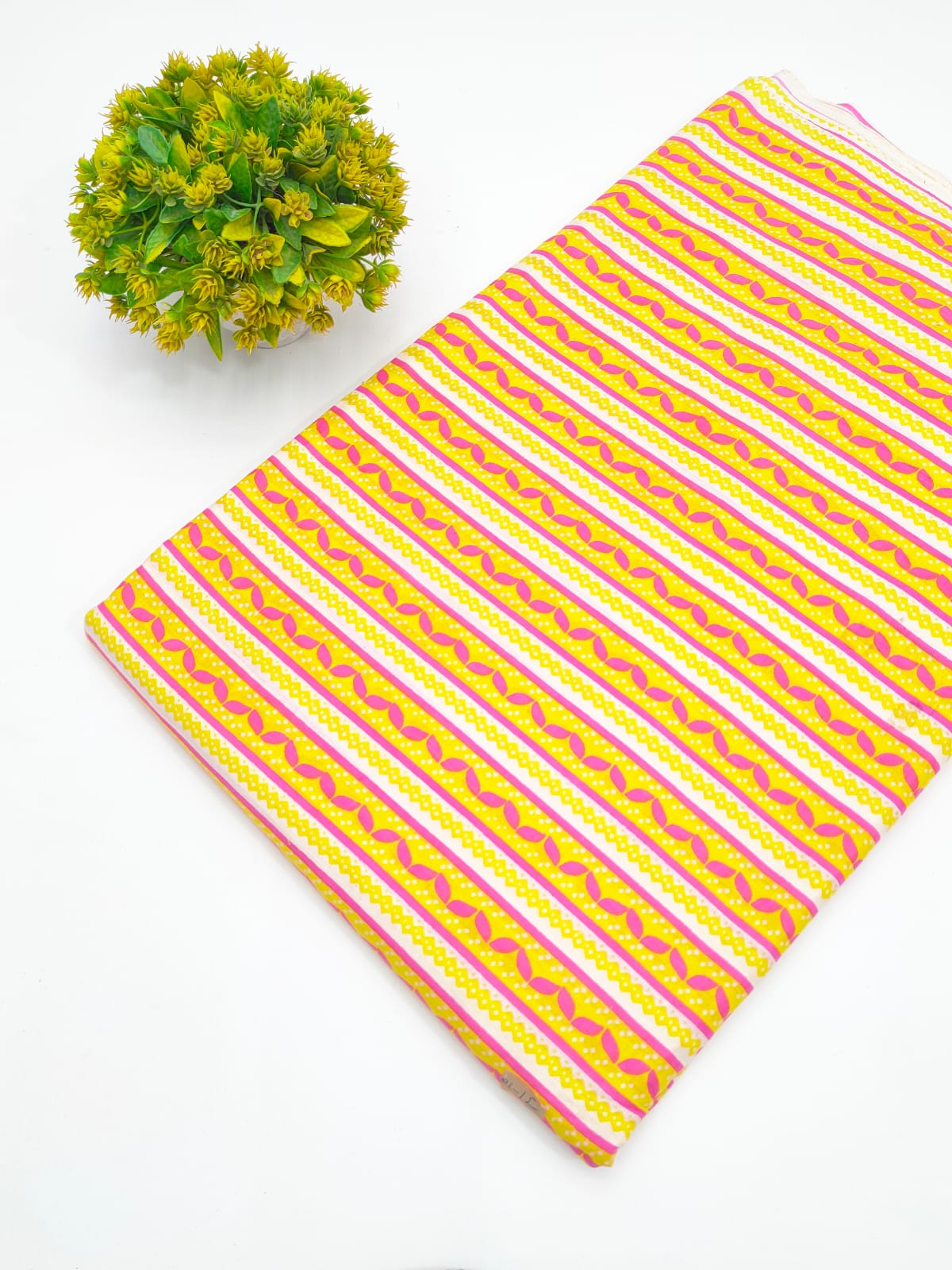 Mustard Yellow and Pink Geometric Stripe Screen Print Pure Cotton Fabric - JBRGFD187