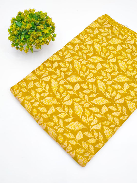 Mustard Yellow Botanical Leaf Screen Print Pure Cotton Fabric - JBRGFD91