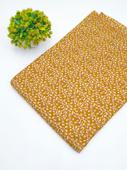 Mustard Yellow Botanical Vine Screen Print Pure Cotton Fabric - JBRGFD100