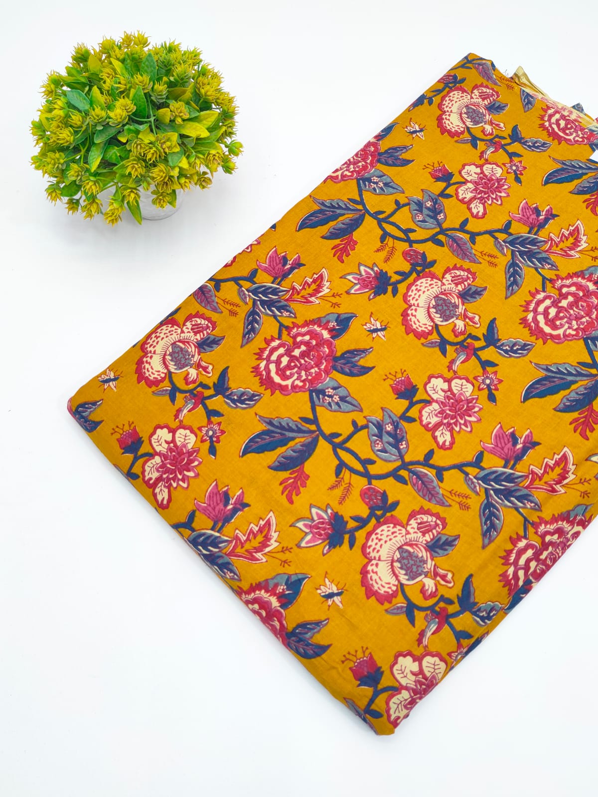 Mustard Yellow Botanical Vine Screen Print Pure Cotton Fabric - JBRGFD105