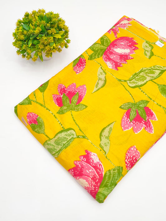 Mustard Yellow Botanical Vine Screen Print Pure Cotton Fabric - JBRGFD137
