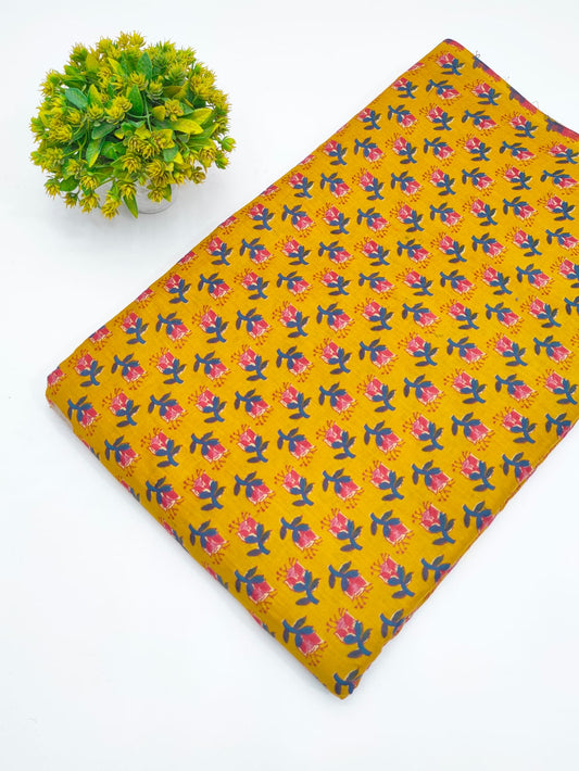 Mustard Yellow Floral Booti Screen Print Pure Cotton Fabric - JBRGFD103