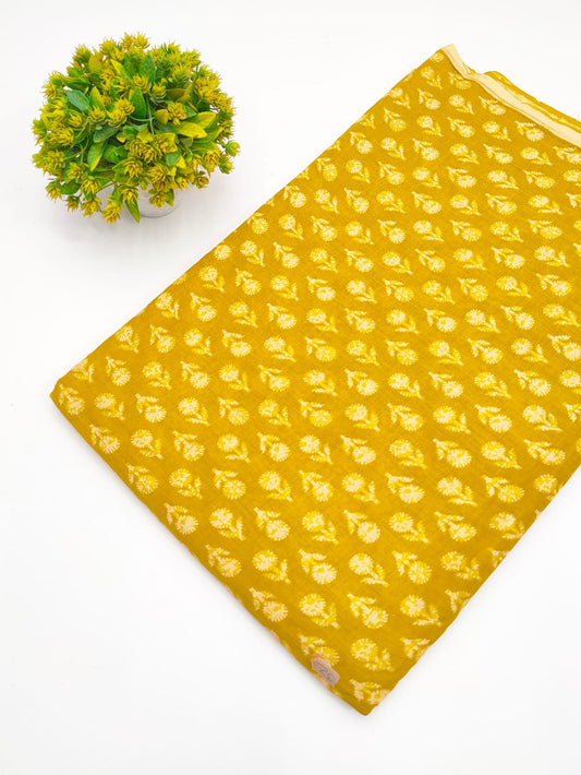 Mustard Yellow Floral Booti Screen Print Pure Cotton Fabric - JBRGFD89