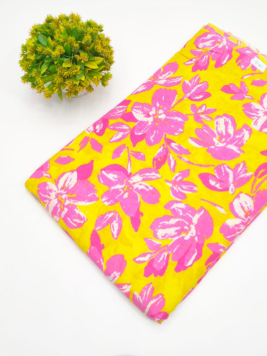 Mustard Yellow Floral Jaal Screen Print Pure Cotton Fabric - JBRGFD188