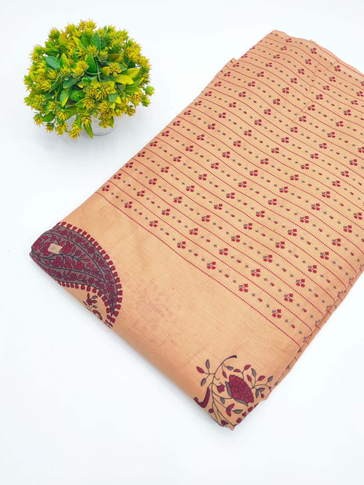 Mustard Yellow Floral Stripe Booti Screen Print Pure Cotton Fabric - JBRGFD61