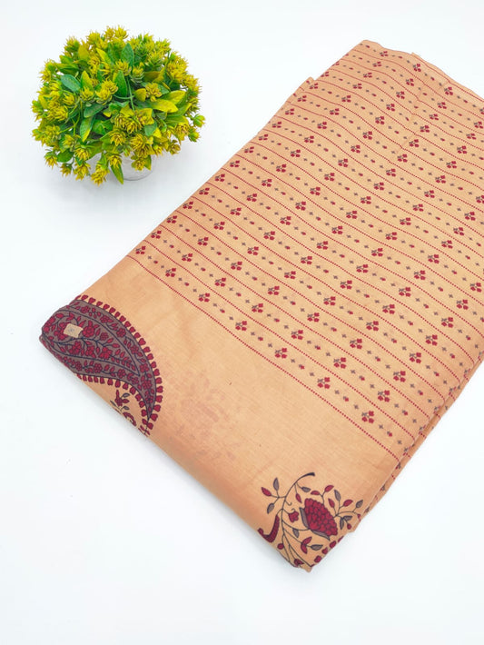 Mustard Yellow Floral Stripe Booti Screen Print Pure Cotton Fabric - JBRGFD61