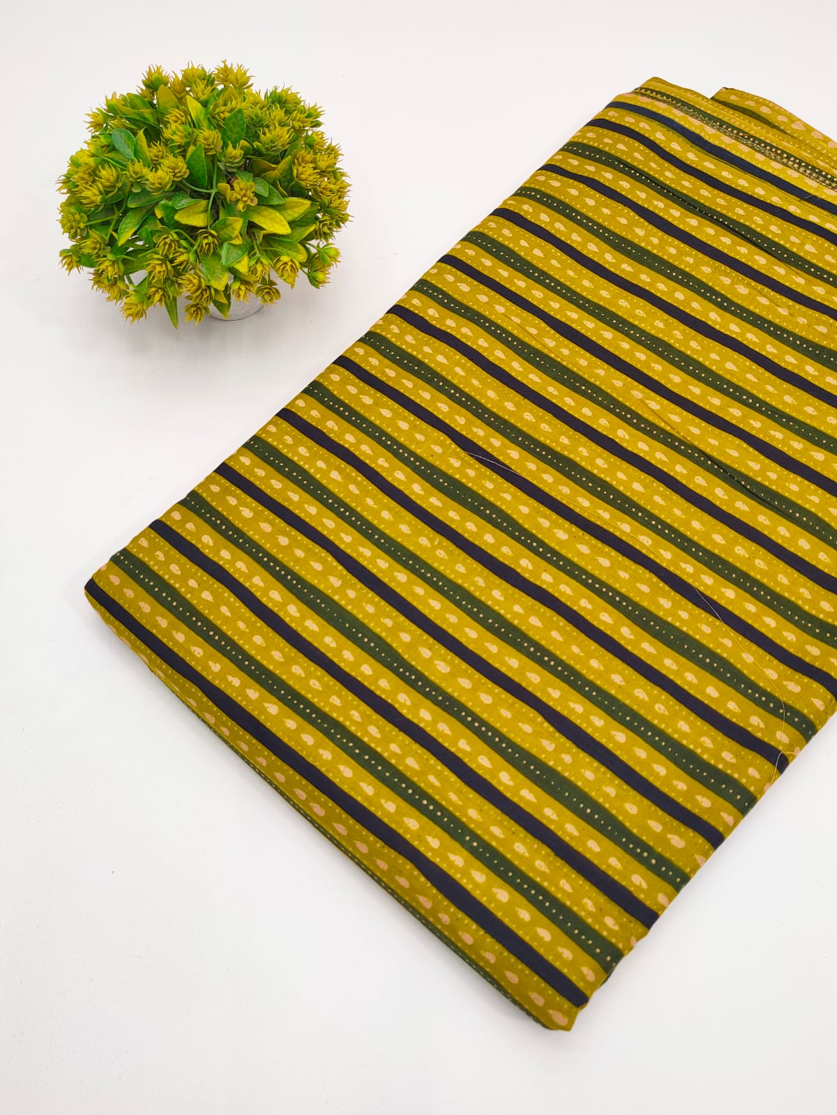 Mustard Yellow Striped Booti Screen Print Pure Cotton Fabric - JBRGFD54