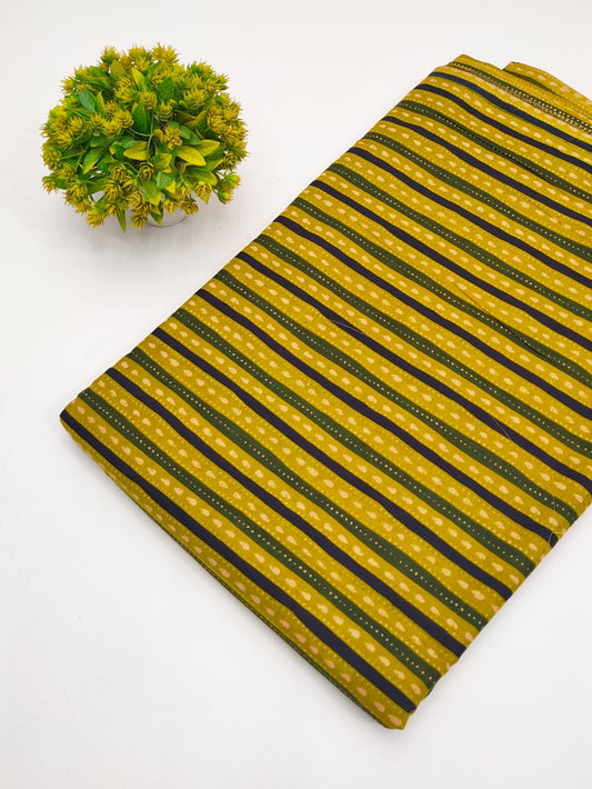 Mustard Yellow Striped Booti Screen Print Pure Cotton Fabric - JBRGFD54