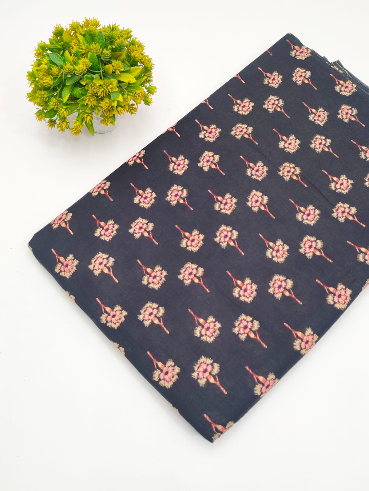 Navy Blue Floral Booti Screen Print Pure Cotton Fabric - JBRGFD109