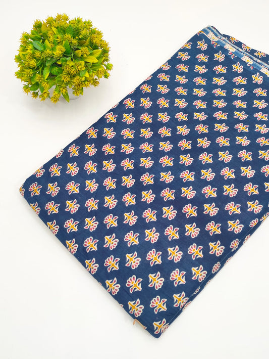 Navy Blue Floral Booti Screen Print Pure Cotton Fabric - JBRGFD165