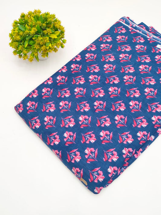 Navy Blue Floral Booti Screen Print Pure Cotton Fabric - JBRGFD83