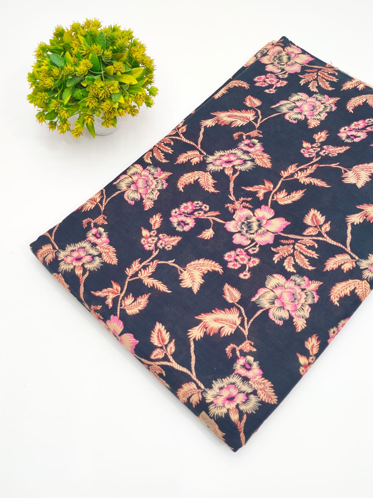 Navy Blue Floral Jaal Screen Print Pure Cotton Fabric - JBRGFD111