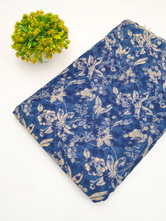 Navy Blue Floral Jaal Screen Print Pure Cotton Fabric - JBRGFD60