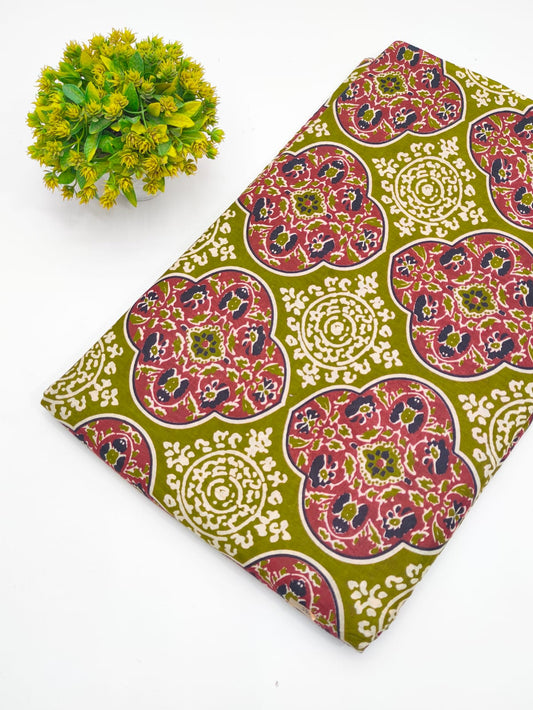 Olive Green Block Print Floral Screen Print Pure Cotton Fabric - JBRGFD158