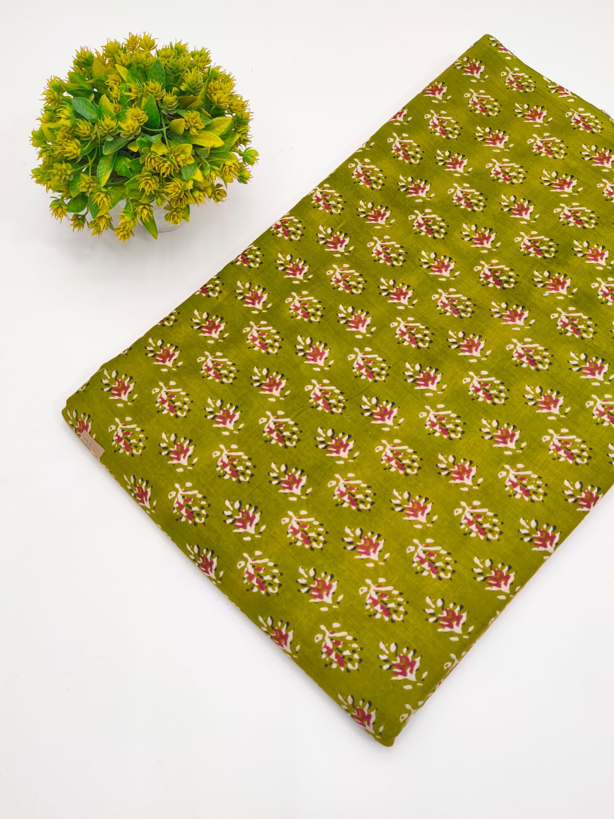 Olive Green Booti Print Screen Print Pure Cotton Fabric - JBRGFD159