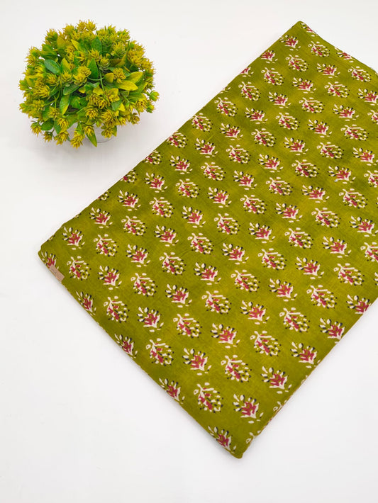 Olive Green Booti Print Screen Print Pure Cotton Fabric - JBRGFD159