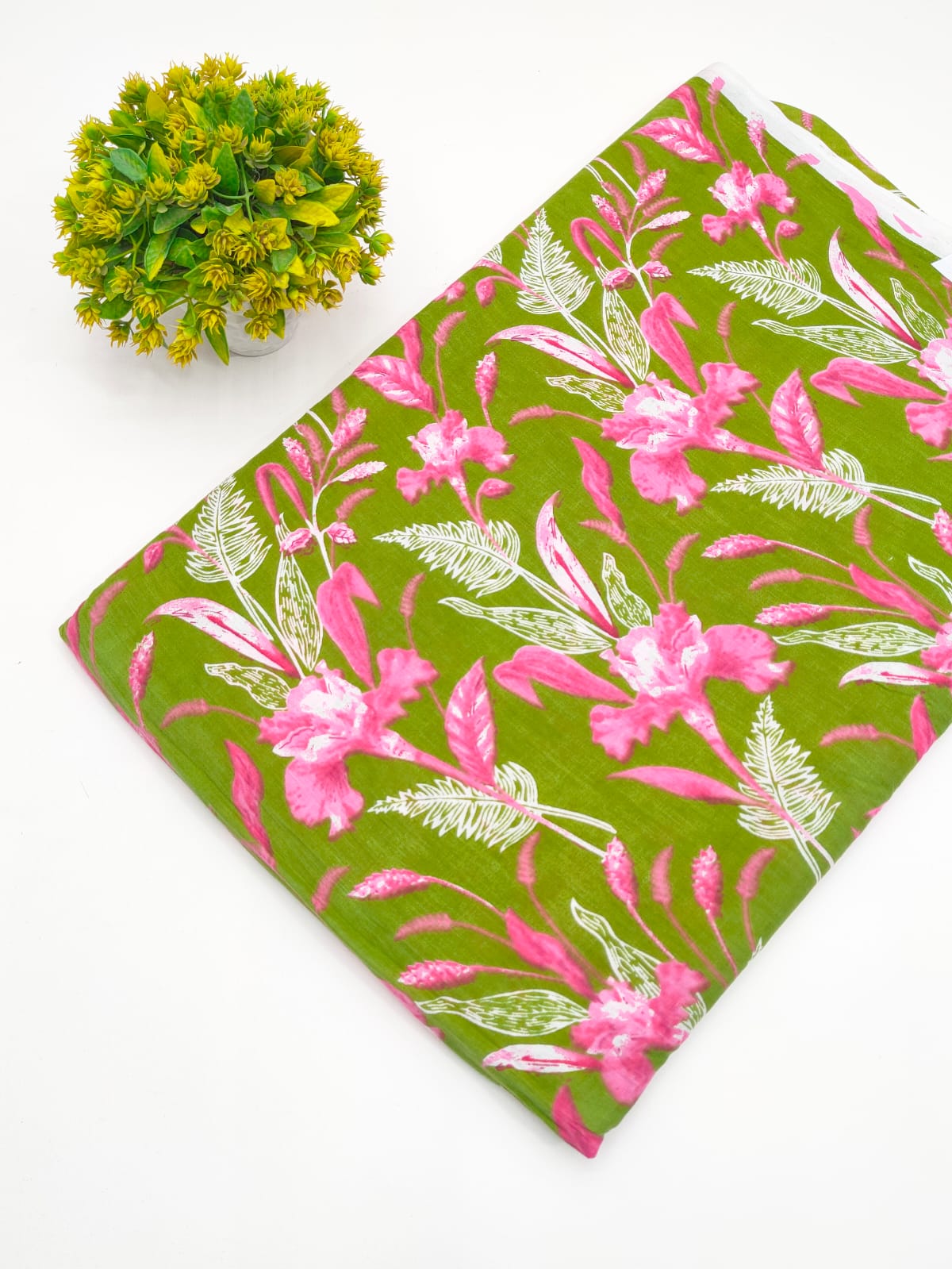 Olive Green Botanical Floral Screen Print Pure Cotton Fabric - JBRGFD85
