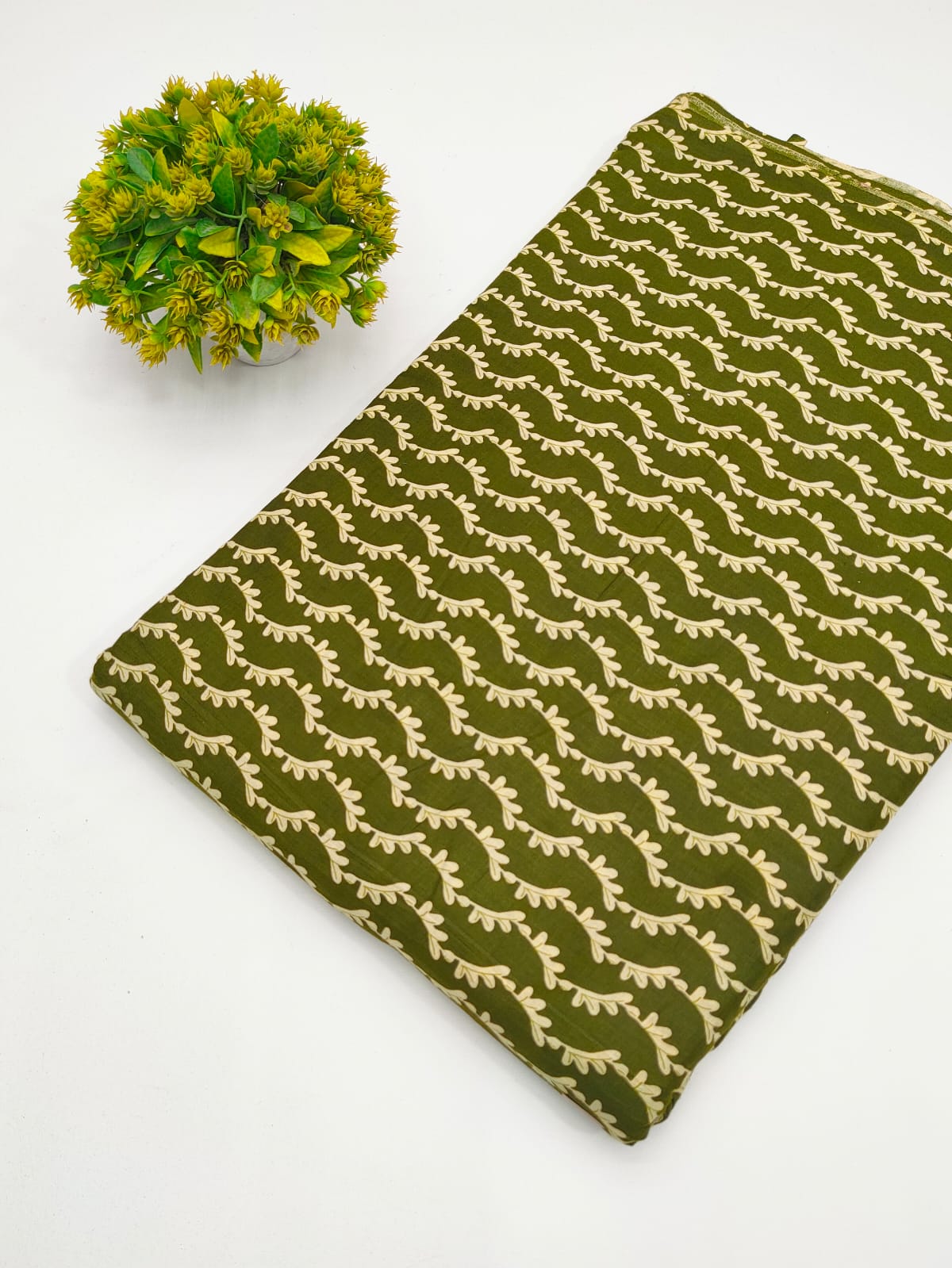 Olive Green Botanical Vine Screen Print Pure Cotton Fabric - JBRGFD51