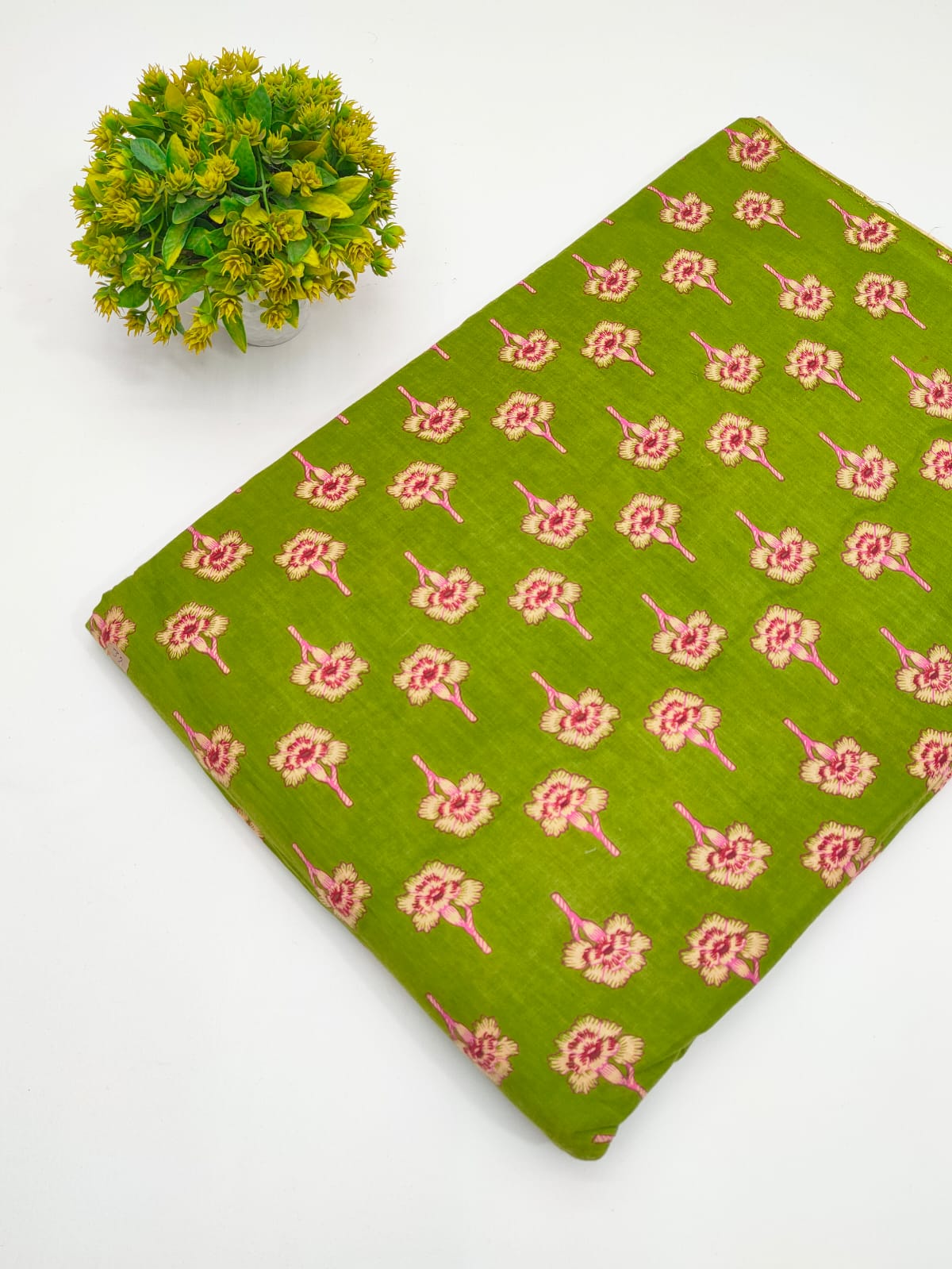 Olive Green Floral Booti Screen Print Pure Cotton Fabric - JBRGFD140