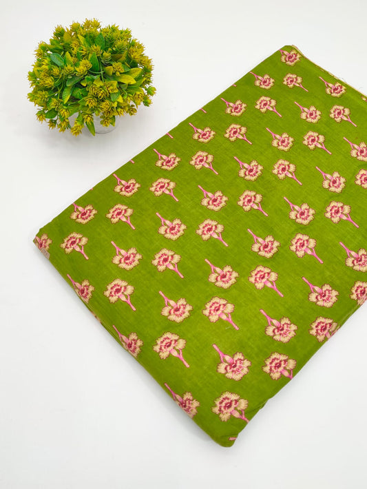 Olive Green Floral Booti Screen Print Pure Cotton Fabric - JBRGFD140