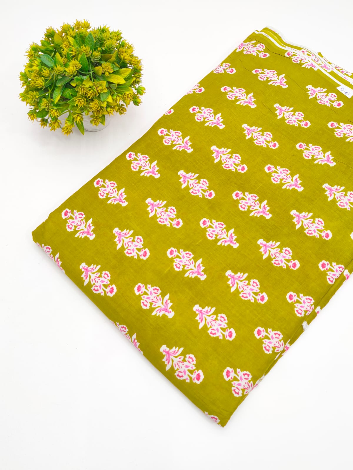 Olive Green Floral Booti Screen Print Pure Cotton Fabric - JBRGFD73