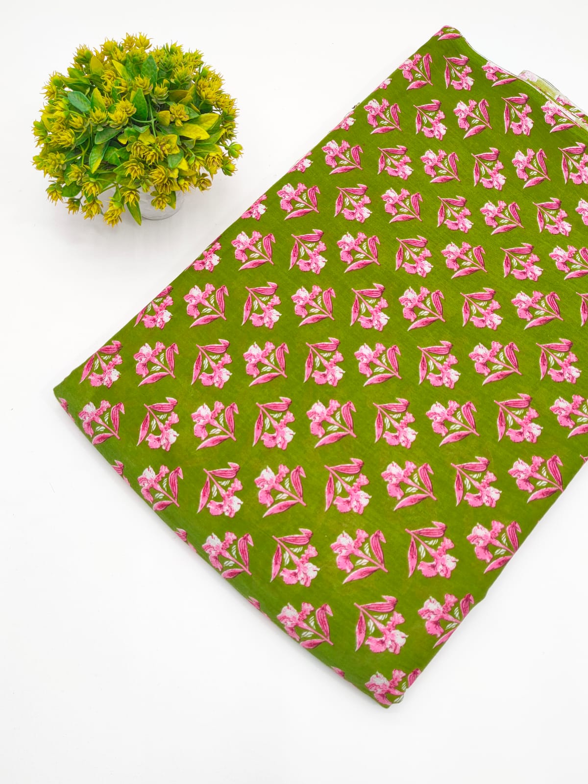Olive Green Floral Booti Screen Print Pure Cotton Fabric - JBRGFD86