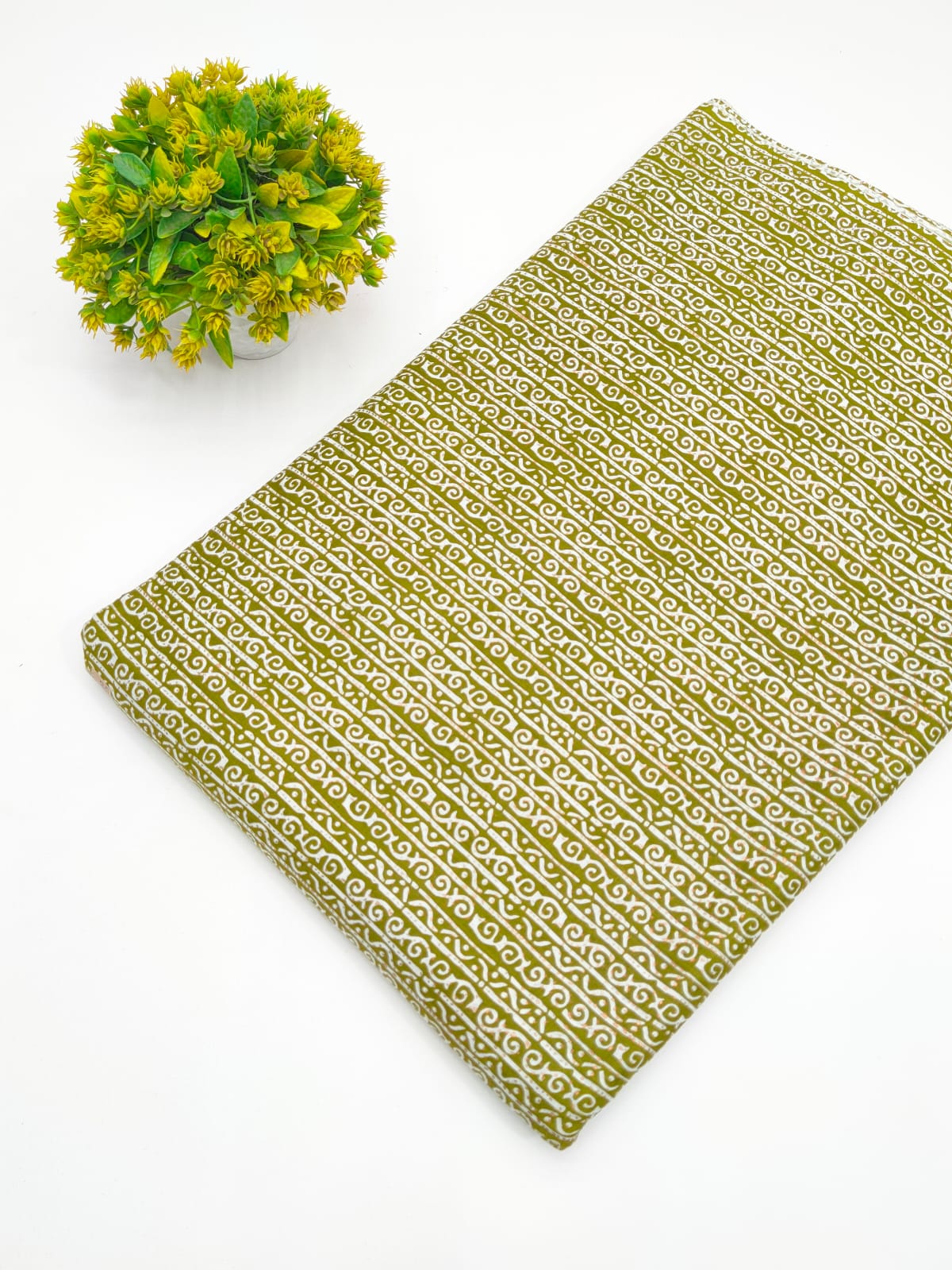 Olive Green Geometric Stripe Screen Print Pure Cotton Fabric - JBRGFD98
