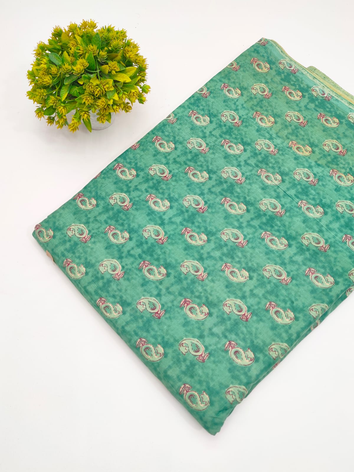 Olive Green Paisley Booti Screen Print Pure Cotton Fabric - JBRGFD124