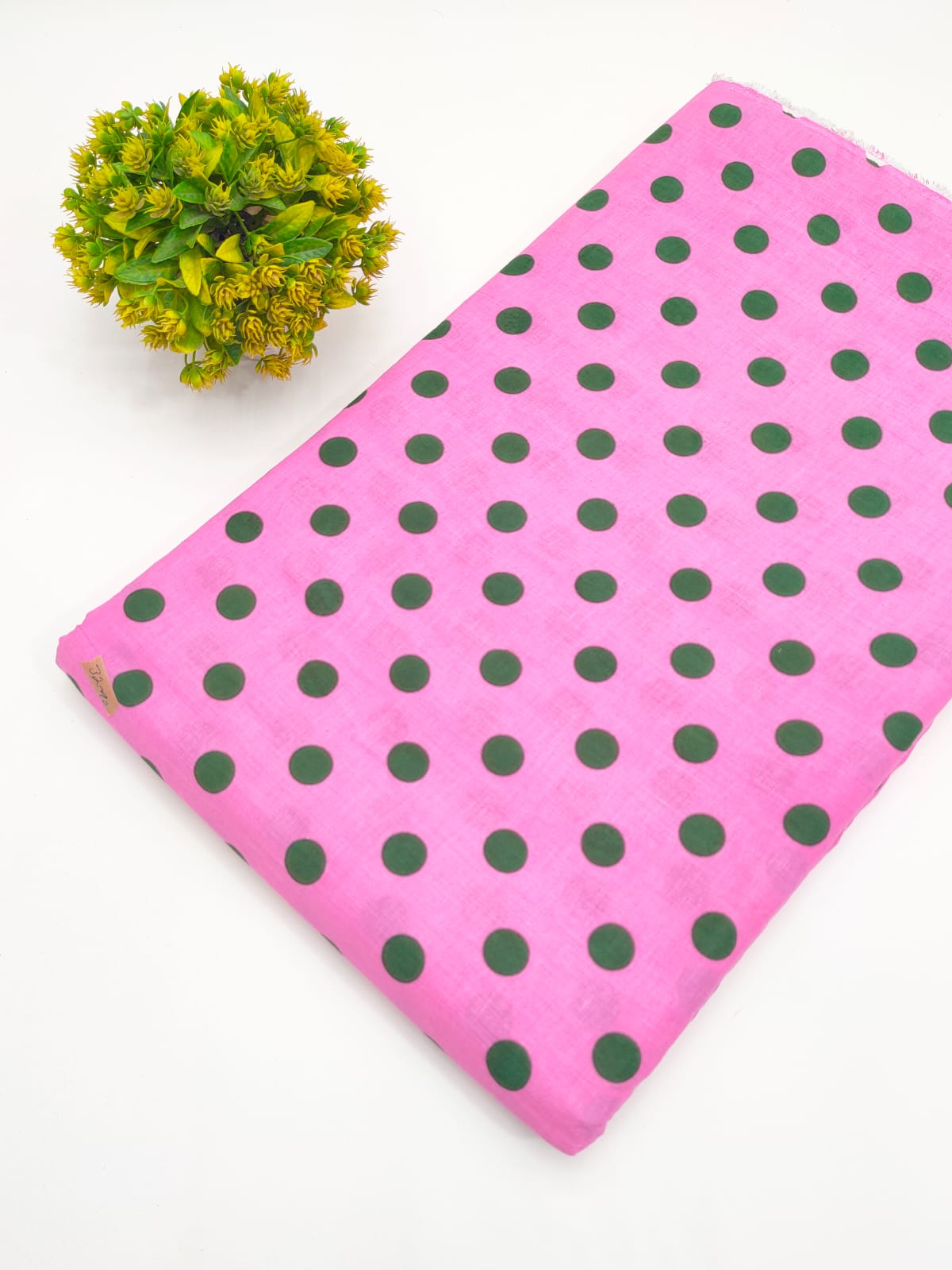 Pink and green polka dot screen print pure cotton fabric India