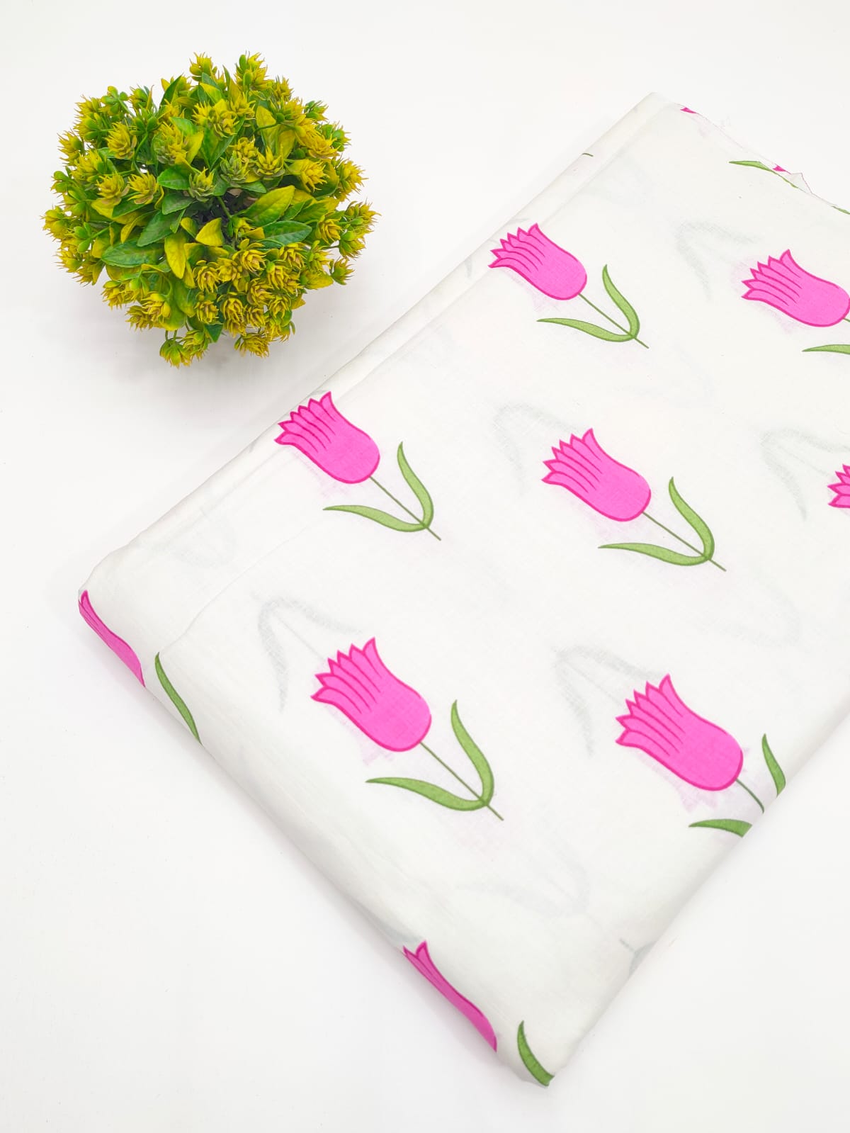 Pink tulip floral motif screen print cotton fabric India