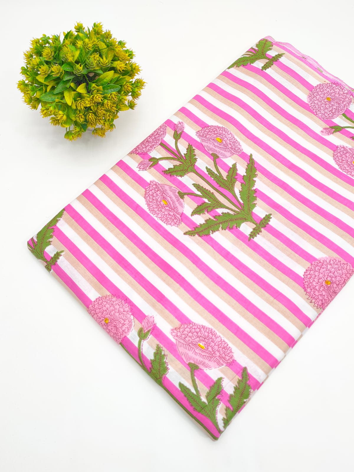 Pink striped floral boota screen print pure cotton fabric India