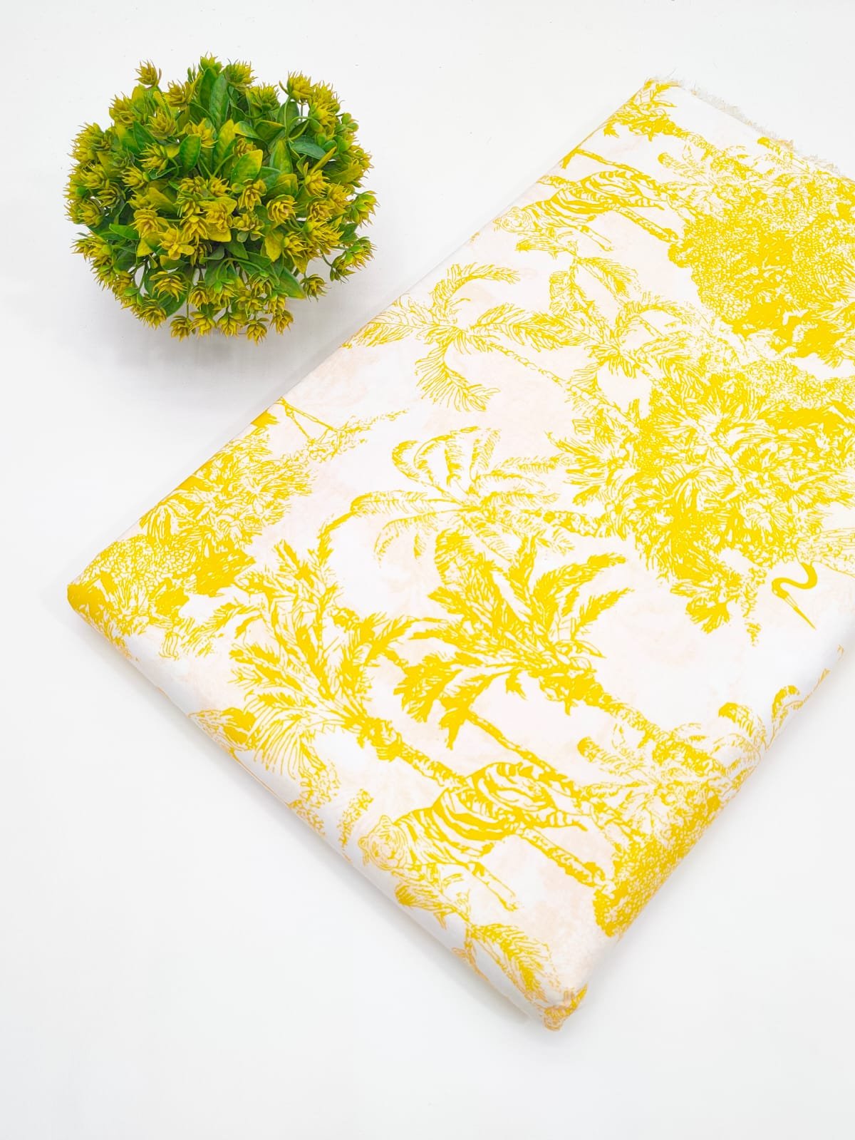 Mustard Yellow Botanical Screen Print Pure Cotton Fabric
