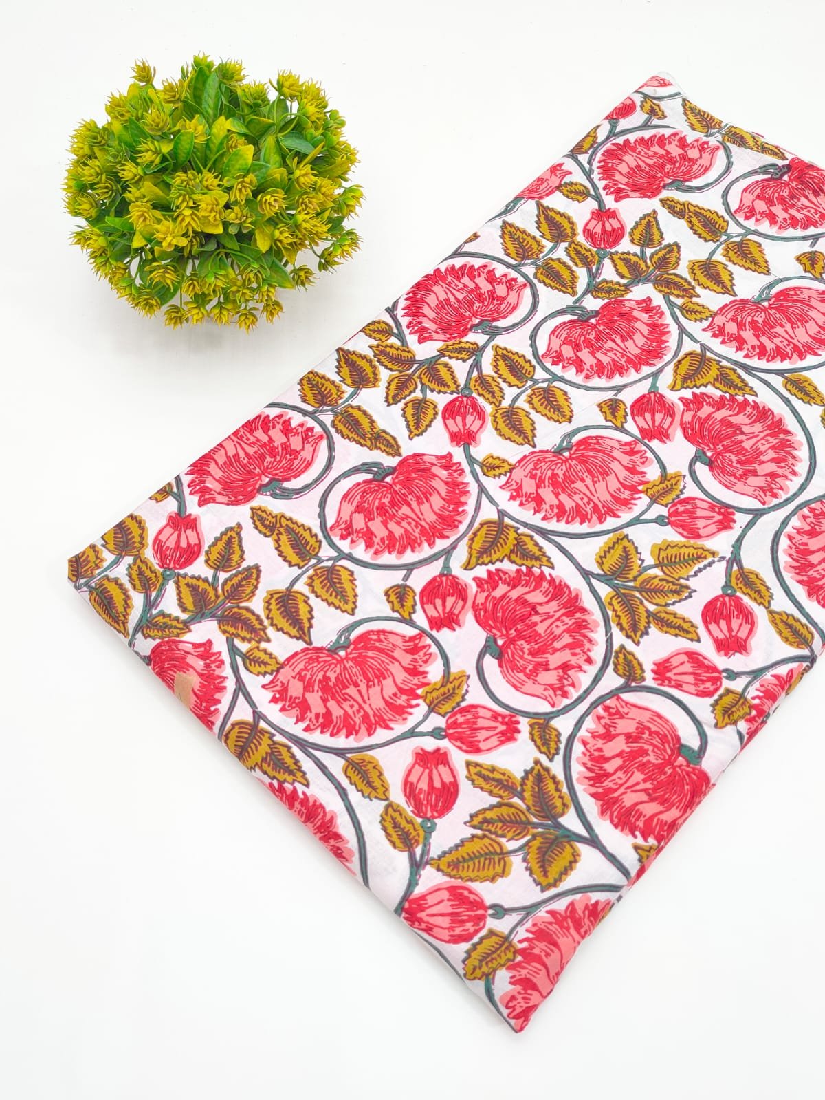 Coral Pink Floral Screen Print Pure Cotton Fabric