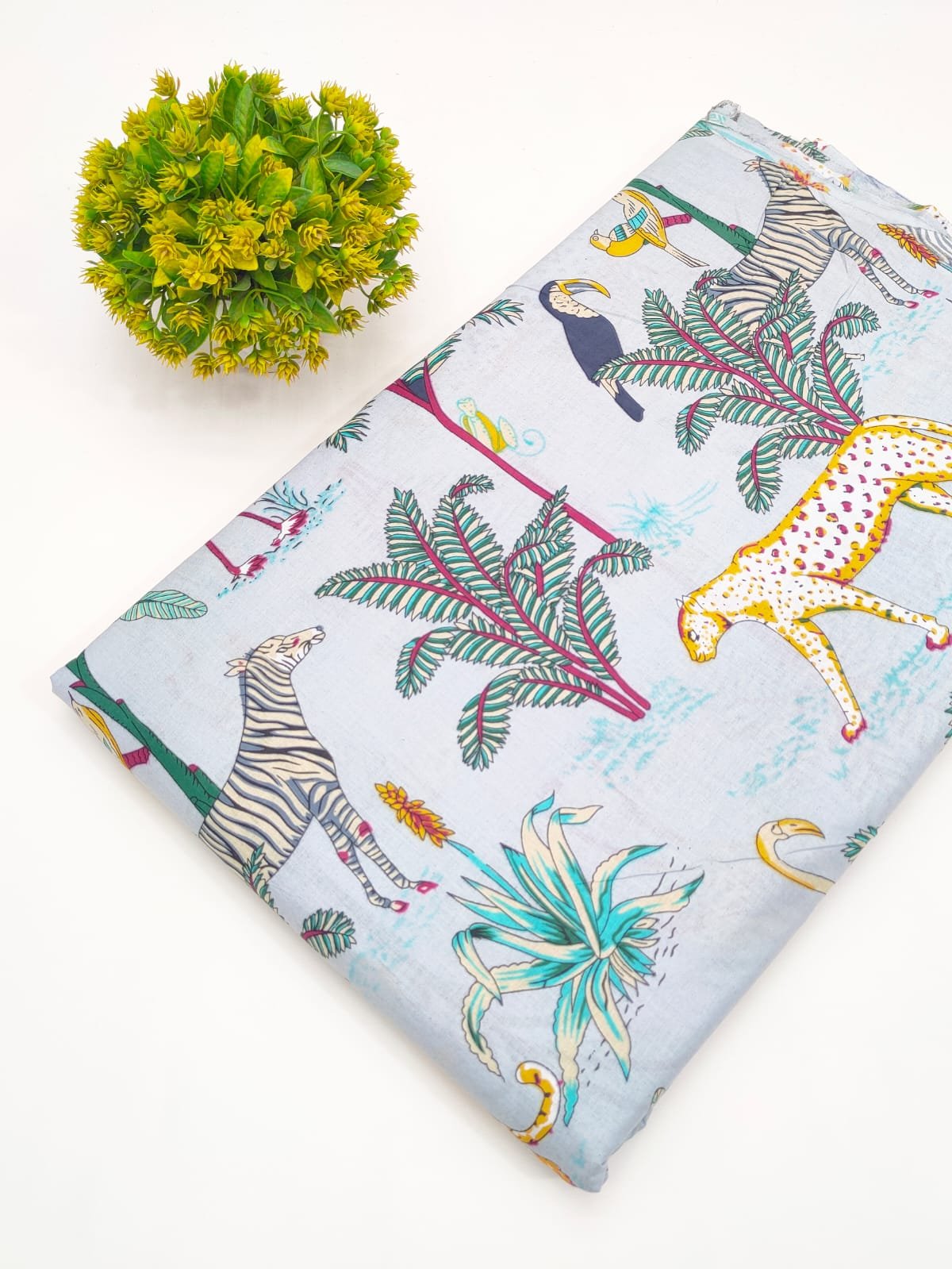 Light Blue Animal Motif Screen Print Pure Cotton Fabric