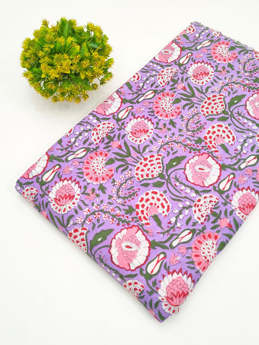 Lavender Floral Screen Print Pure Cotton Fabric
