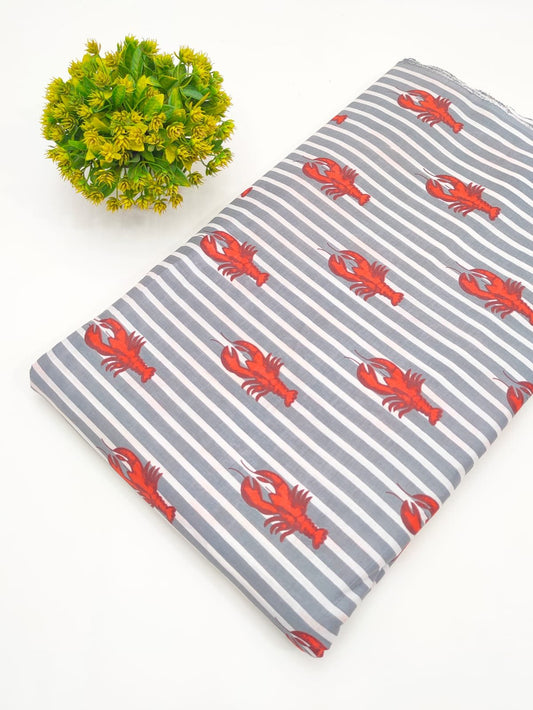 Gray Striped Lobster Print Pure Cotton Fabric