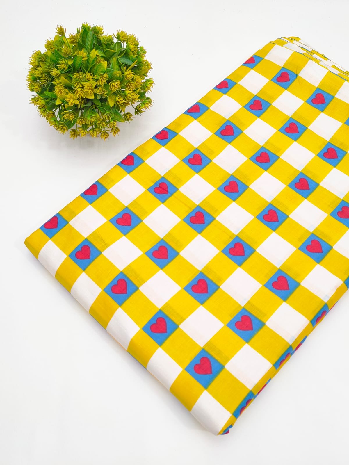 Yellow Heart Check Print Pure Cotton Fabric