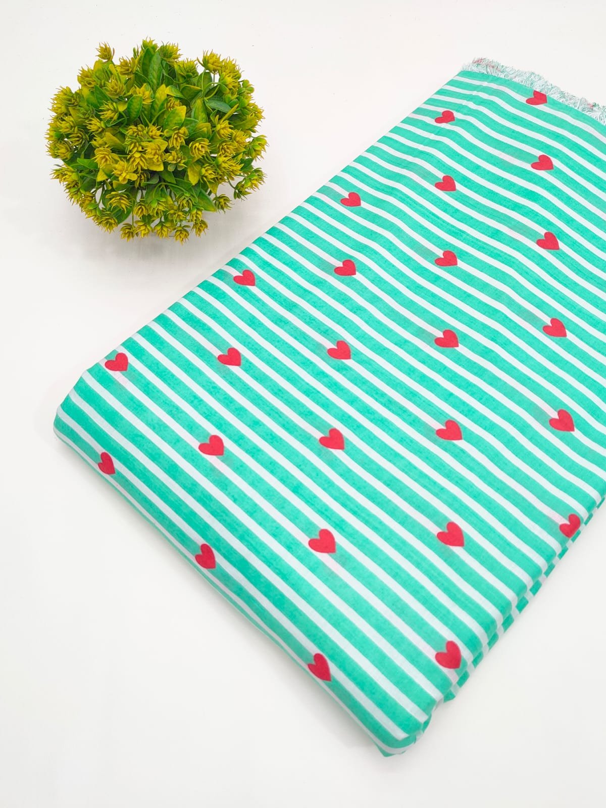Mint Green Heart Stripe Print Pure Cotton Fabric