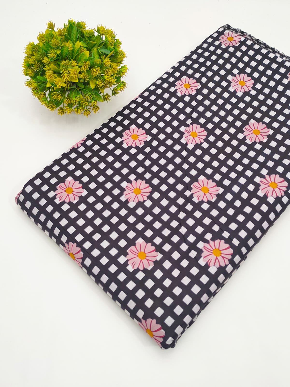 Black Floral Grid Print Pure Cotton Fabric