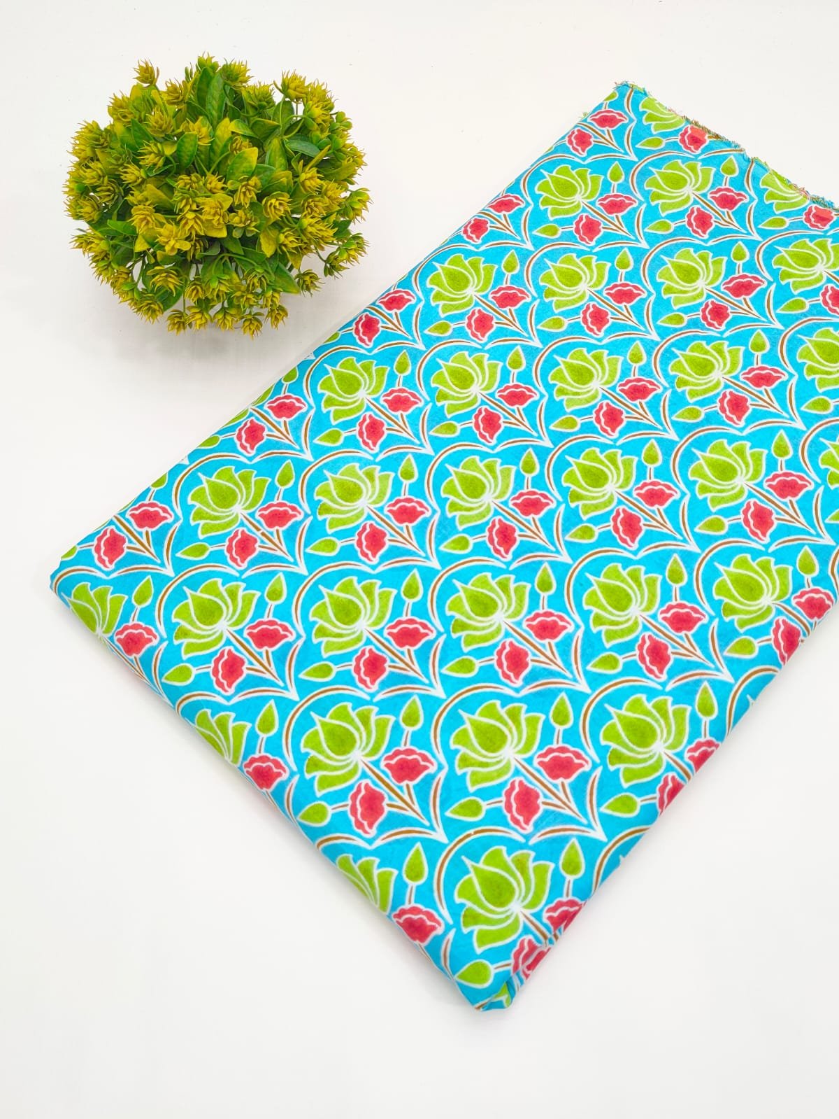 Aqua Green Floral Screen Print Pure Cotton Fabric