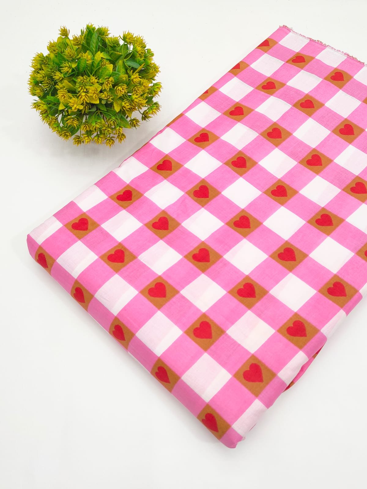Pink Checkered Heart Screen Print Pure Cotton Fabric
