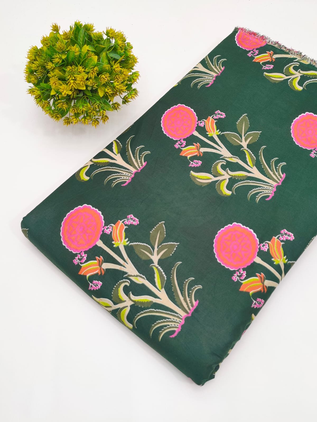 Dark Green Floral Screen Print Pure Cotton Fabric