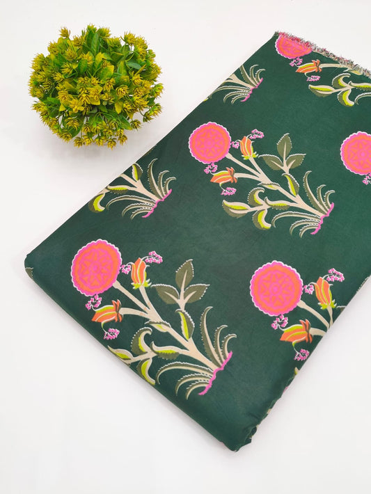 Dark Green Floral Screen Print Pure Cotton Fabric