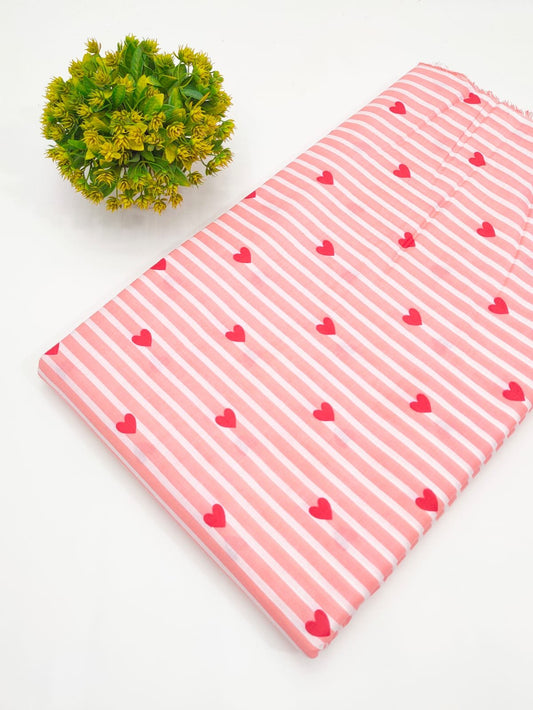 Pink Heart Striped Screen Print Pure Cotton Fabric
