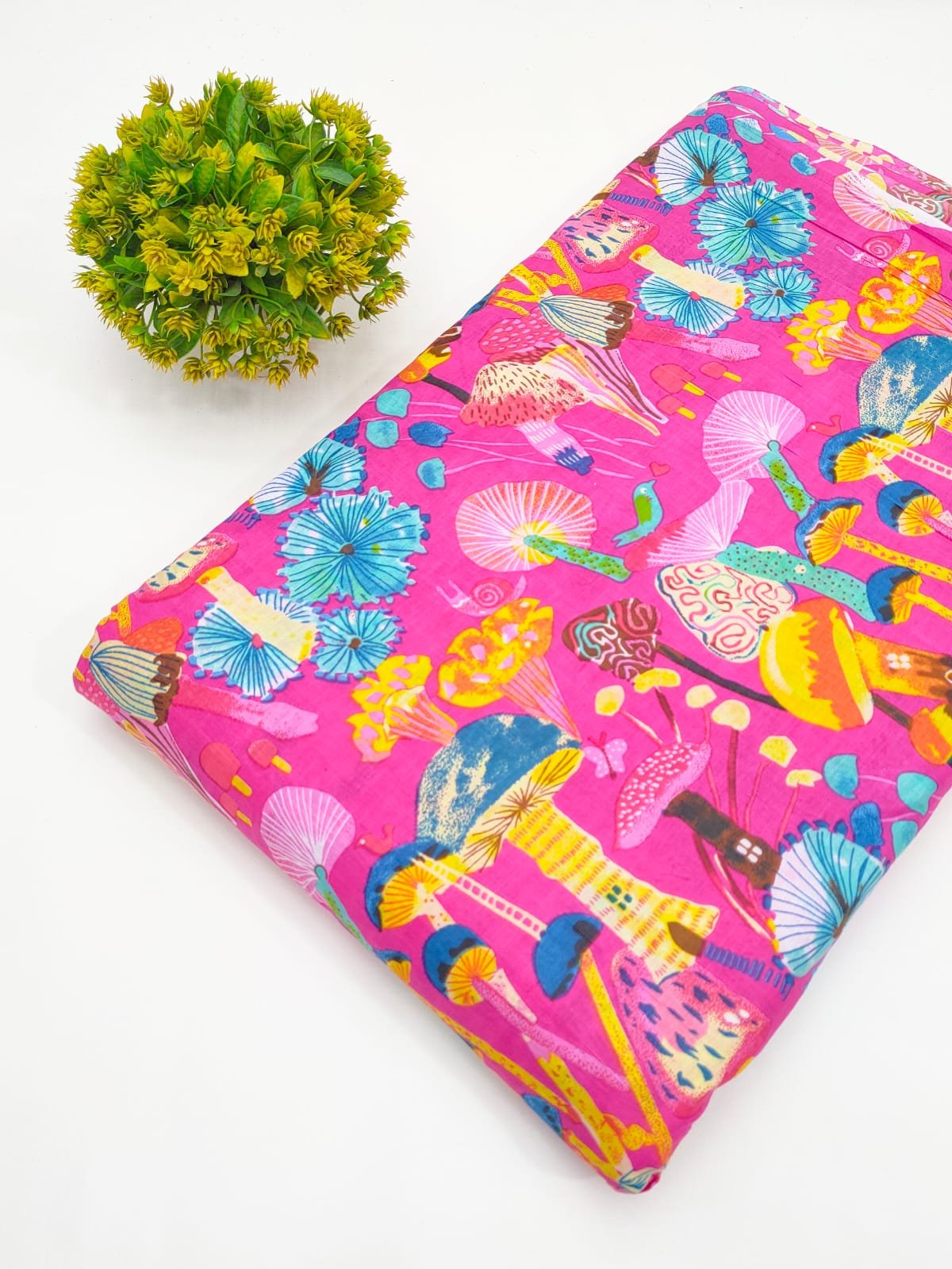 Fuchsia Colorful Motif Screen Print Pure Cotton Fabric